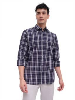 ColorPlus - Navy Blue Pure Cotton Full Sleeves Pure Cotton Regular Fit Checks Shirt