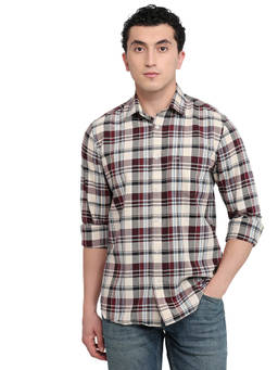 ColorPlus - Beige Pure Cotton Full Sleeves Pure Cotton Regular Fit Checks Shirt