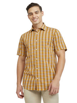 ColorPlus - Yellow Viscose Blend Half Sleeves Viscose Blend Tailored Fit Checks Shirt