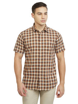 ColorPlus - Brown Pure Cotton Half Sleeves Pure Cotton Regular Fit Checks Shirt