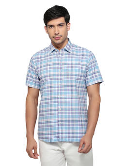 ColorPlus - Blue Pure Cotton Half Sleeves Pure Cotton Regular Fit Checks Shirt