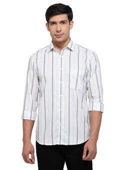 ColorPlus - White Cotton Blend Full Sleeves Cotton Blend Regular Fit Stripes Shirt