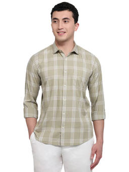 Park Avenue - Olive Pure Cotton Full Sleeves Pure Cotton Slim Fit Checks Shirt
