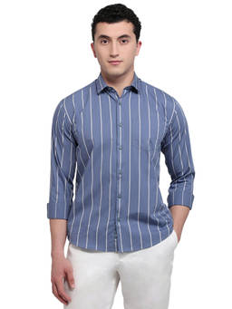 Park Avenue - Blue Pure Cotton Full Sleeves Pure Cotton Slim Fit Stripes Shirt