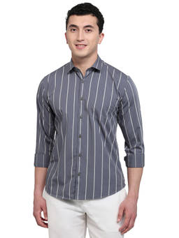 Park Avenue - Grey Pure Cotton Full Sleeves Pure Cotton Slim Fit Stripes Shirt