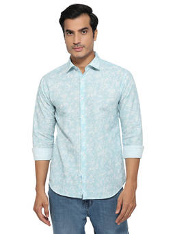 Park Avenue - Blue Cotton Linen Full Sleeves Cotton Linen Slim Fit Printed Shirt