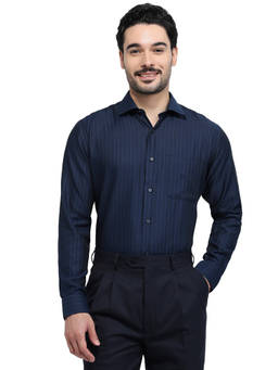 Park Avenue - Navy Blue Pure Cotton Full Sleeves Pure Cotton Regular Fit Stripes Shirt