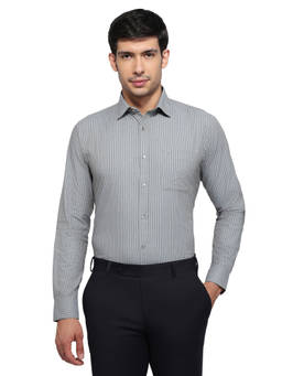 Raymond - Grey Cotton Blend Full Sleeves Cotton Blend Slim Fit Stripes Shirt