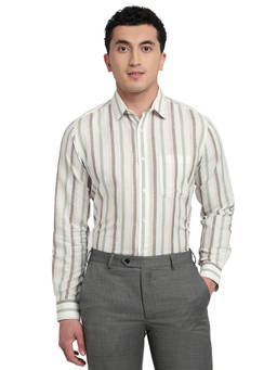 Raymond - White Cotton Linen Full Sleeves Cotton Linen Slim Fit Stripes Shirt