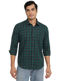 Raymond - Green Cotton Blend Full Sleeves Cotton Blend Regular Fit Checks Shirt