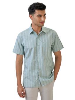 Raymond - Green Cotton Linen Half Sleeves Cotton Linen Regular Fit Stripes Shirt