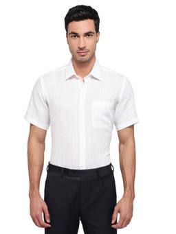 Raymond - White Linen Half Sleeves Linen Regular Fit Stripes Shirt
