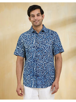 Fabindia - Indigo Cotton Dabu Printed Slim Fit Shirt
