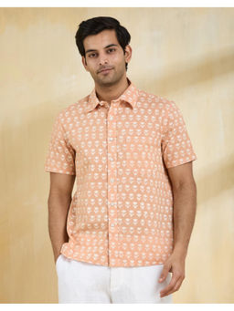 Fabindia - Orange Cotton Hand Block Printed Regular Shirt