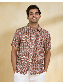 Fabindia - Orange Cotton Hand Block Printed Regular Shirt