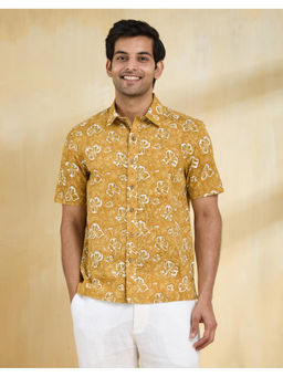 Fabindia - Mustard Cotton Hand Block Printed Regular Shirt