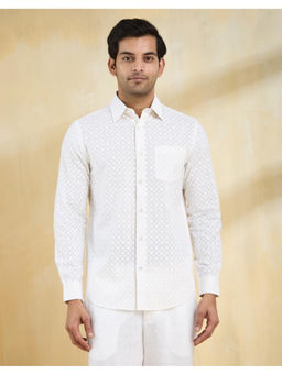 Fabindia - White Cotton Hand Block Printed Slim Fit Shirt