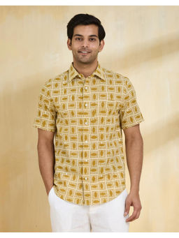 Fabindia - Mustard Cotton Bagru Printed Slim Fit Shirt