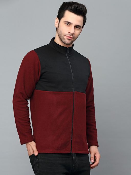 Buy RIGO Men Maroon Color Blocked High Neck Polar Fleece Jacket Online