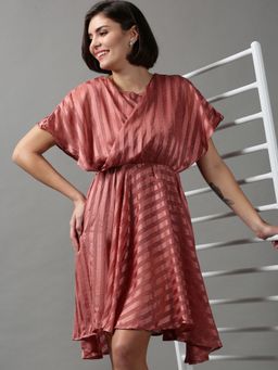 SHOWOFF - Womens Round Neck Self Design Mauve Knee Length Dress