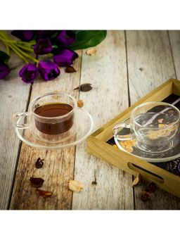EZ Life - Borosilicate Square Double Walled 6 Cup & 6 Saucer Set Glass with Handle - 150 ml