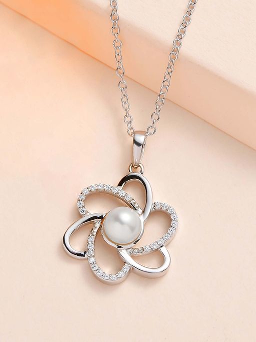 Ornate Jewels 925 Silver 6 MM Pearl Flower Pendant With Chain for Women & Girls (One Size)