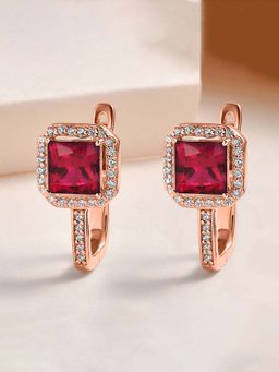 Ornate Jewels - 925 Silver Rose Gold Princess-cut Ruby Omega Back Earrings for Women & Girls