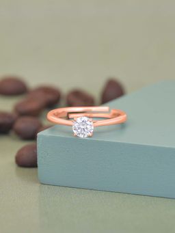 Ornate Jewels - 925 Silver 18K Rose Gold American Diamond Solitaire Adjustable Ring for Women & Girls