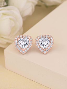 Ornate Jewels - 925 Silver 18K Rose Gold American Diamond Heart Shaped Stud Earring For Women & Girls