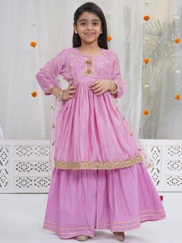 Little Bansi - Pink Embroidered A-Line Fit Kurta with Sharara and Dupatta