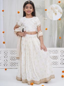 Little Bansi - White Embroidered Regular Fit Blouse with Lehenga and Dupatta