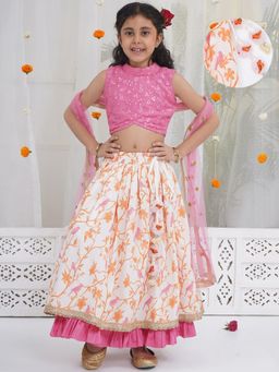 Little Bansi - Pink Embroidered Regular Fit Blouse with Lehenga and Dupatta