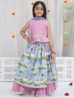 Little Bansi - Blue Printed Regular Fit Blouse with Lehenga and Dupatta