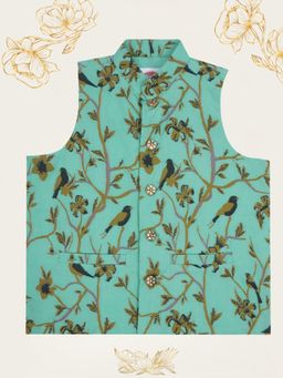 Little Bansi - Green Printed Regular Fit Nehru Jacket