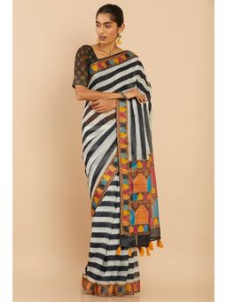 Soch - Women Black Linen Stripes Saree with Unstitched Blouse