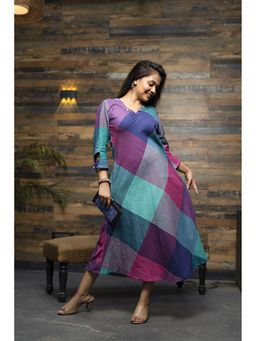 EARTHWEAR - Multi-Color Hand Woven Long Bias Dress With Kantha Hand Embroidery