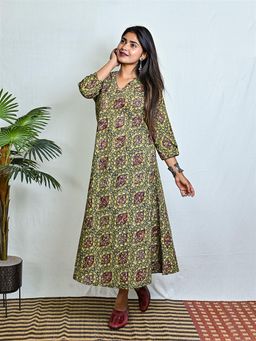 EARTHWEAR - Green Ajrakh Block Printed Long Bias Dress