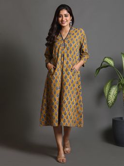 EARTHWEAR - Mustard Hand Block Print Kimono Style Dress With Pockets