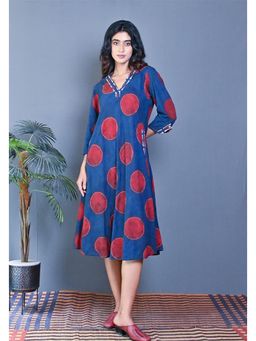 EARTHWEAR - Indigo Ajrakh Printed Bias Dress With Kantha Detailing All Over