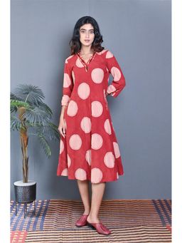 EARTHWEAR - Red Ajrakh Block Printed Bias Dress With Kantha Detailing All Over