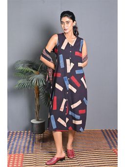 EARTHWEAR - Black Ajrakh Printed Long Sleeveless Dress