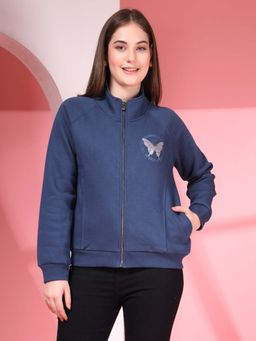 Juelle - Women Navy Blue Graphic High Neck Sweatshirt