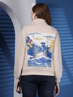 Juelle - Women Beige Graphic High Neck Sweatshirt