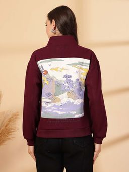 Juelle - Women Maroon Graphic High Neck Sweatshirt