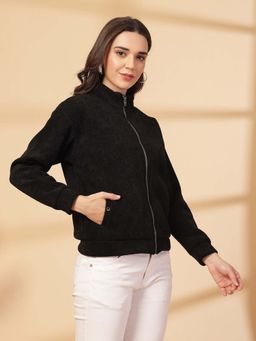 Juelle - Women Black Textured High Neck Sweatshirt