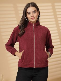 Juelle - Women Maroon Textured High Neck Sweatshirt