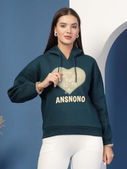 Juelle - Women Teal Typography Printed Hoodie