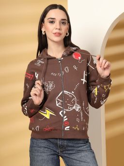 Juelle - Women Brown Graphic Printed Hoodie