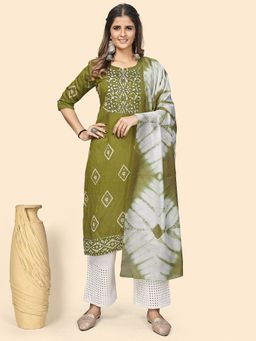Vbuyz - Womens Batik Print And Mirror Straight Parrot Green Stitched Kurta With Dupatta (Set of 2)