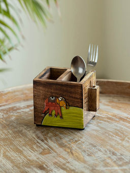 ExclusiveLane - Elephant Tales Wood Cutlery Holder with Toothpick Holder